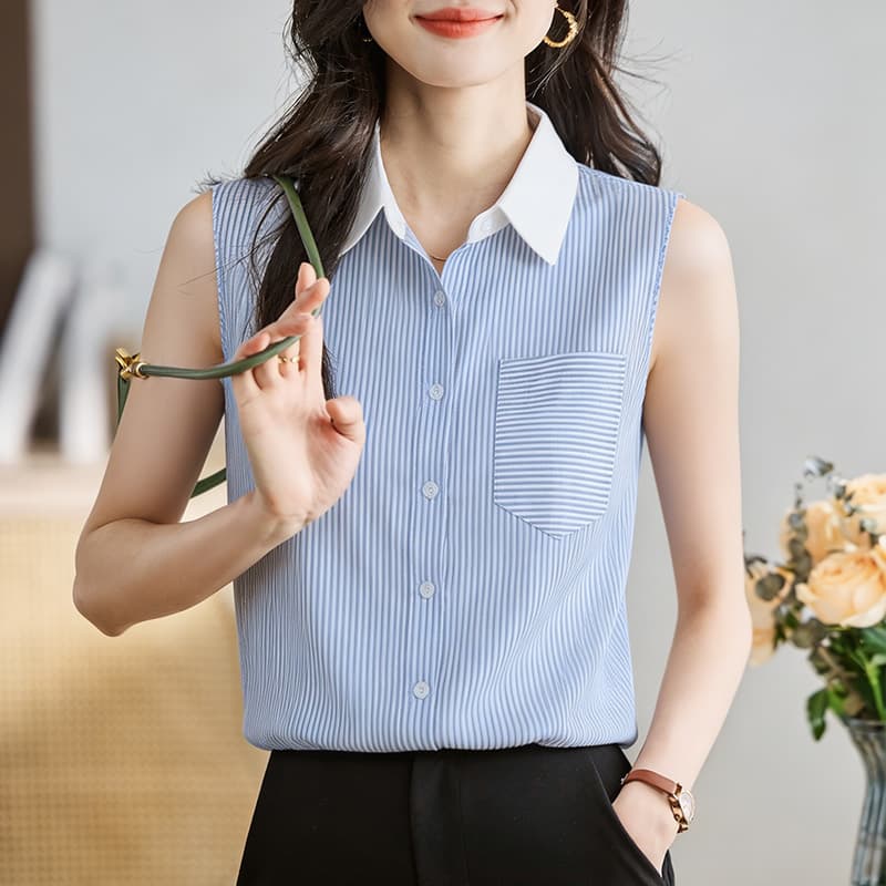 실사 외국 가스 스트라이프 여름 어깨 조끼 여성 외출용 셔츠 민소매 쉬폰 인사이드 잡아라. 의류 기본 셔츠 이미지 4