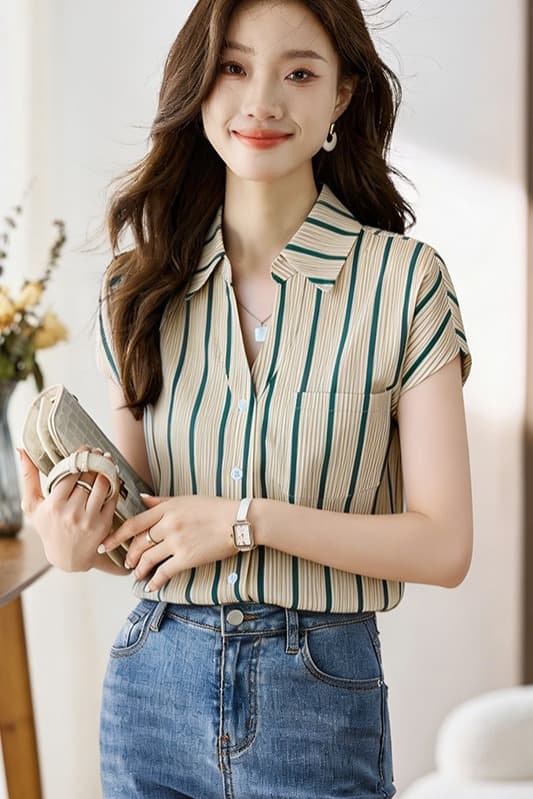 실사 항구 바람 캐주얼 여름 새로운 여성 의류 폴로 칼라 반팔 쉬폰 톱 오픈 가디건 셔츠 만나는 셔츠 이미지 6