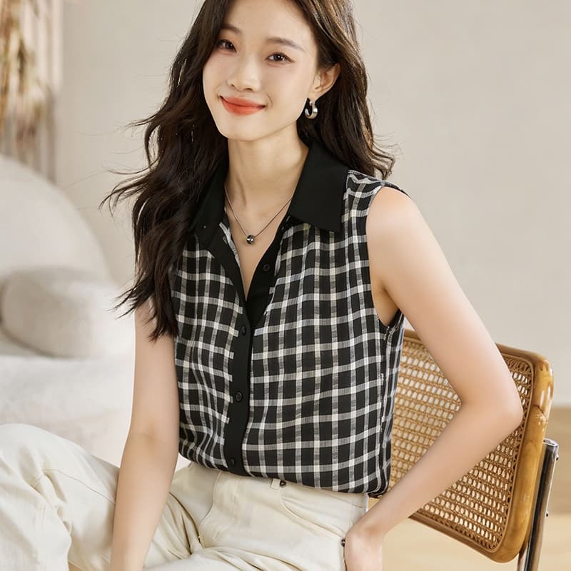 실사 외국 가스 체크무늬 여름 어깨 조끼 여성 외출용 셔츠 민소매 쉬폰 인사이드 잡아라. 의류 기본 셔츠 이미지 5