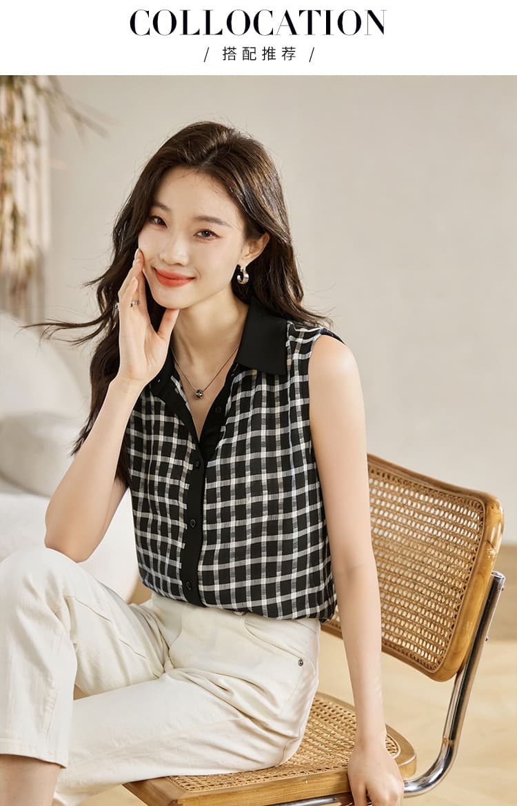 실사 외국 가스 체크무늬 여름 어깨 조끼 여성 외출용 셔츠 민소매 쉬폰 인사이드 잡아라. 의류 기본 셔츠 상세 이미지 6