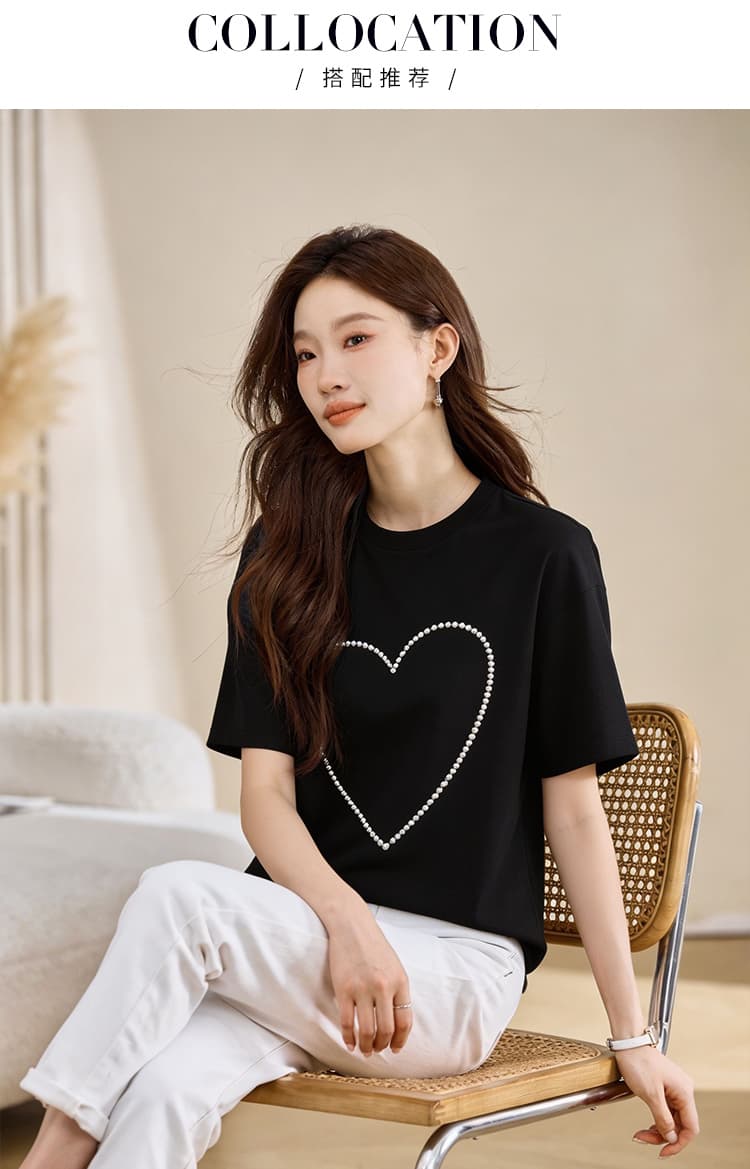 디자인 센스 하트 반팔 티셔츠 chi 항구 바람 여성 여름 루즈핏 중간 길이 다용도 비즈 박기 순면 반소매 상세 이미지 6