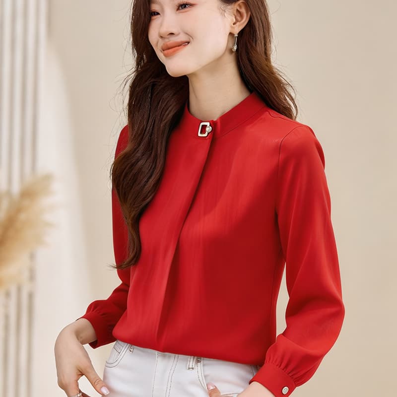 실사 봄 드레스 새로운 여성 의류 빅 사이즈 지방 mm 빨간색 색상 쉬폰 블라우스 셔츠 맨위 여성 기본 셔츠 이미지 3