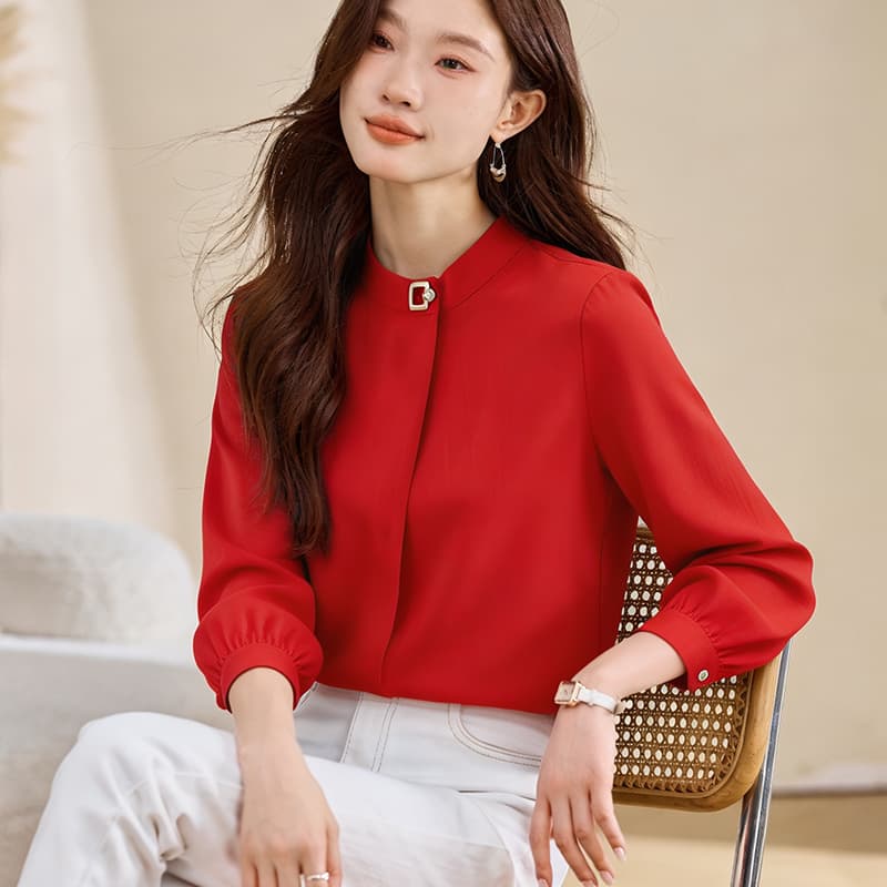 실사 봄 드레스 새로운 여성 의류 빅 사이즈 지방 mm 빨간색 색상 쉬폰 블라우스 셔츠 맨위 여성 기본 셔츠