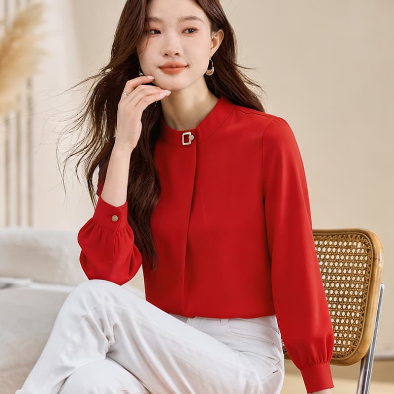 실사 봄 드레스 새로운 여성 의류 빅 사이즈 지방 mm 빨간색 색상 쉬폰 블라우스 셔츠 맨위 여성 기본 셔츠 이미지 5