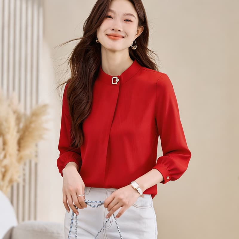 실사 봄 드레스 새로운 여성 의류 빅 사이즈 지방 mm 빨간색 색상 쉬폰 블라우스 셔츠 맨위 여성 기본 셔츠 이미지 4