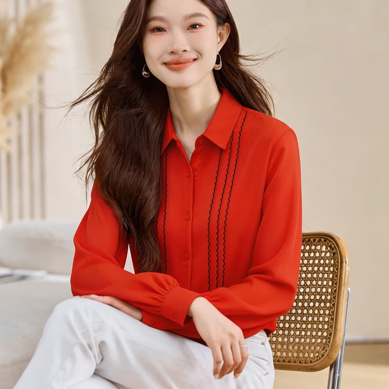 실사 긴팔 쉬폰 블라우스 품격 맨위 가을 의상 새로운 여성 의류 단색 폴로 칼라 셔츠 작은 셔츠 여성 기본 셔츠 이미지 2