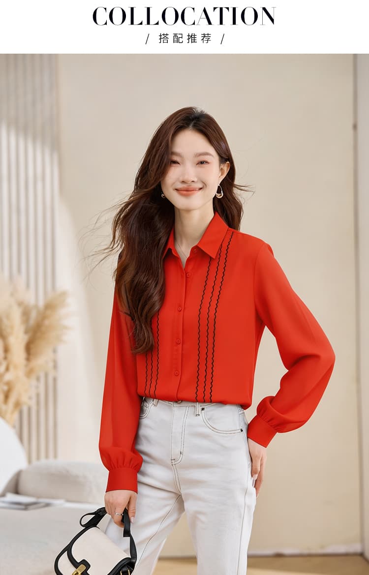 실사 긴팔 쉬폰 블라우스 품격 맨위 가을 의상 새로운 여성 의류 단색 폴로 칼라 셔츠 작은 셔츠 여성 기본 셔츠 상세 이미지 3