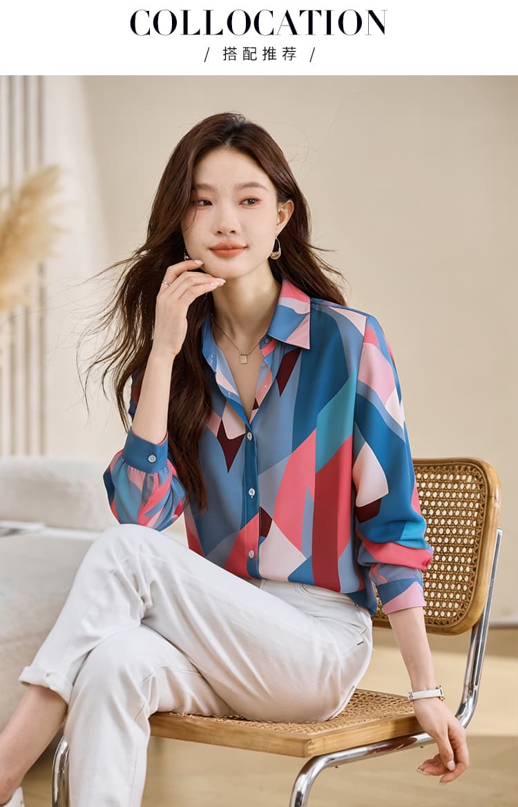 실사 외국 가스 캐주얼 가을 새로운 여성 의류 폴로 칼라 색상 쉬폰 블라우스 맨위 오픈 가디건 셔츠 기본 셔츠 셔츠 상세 이미지 5