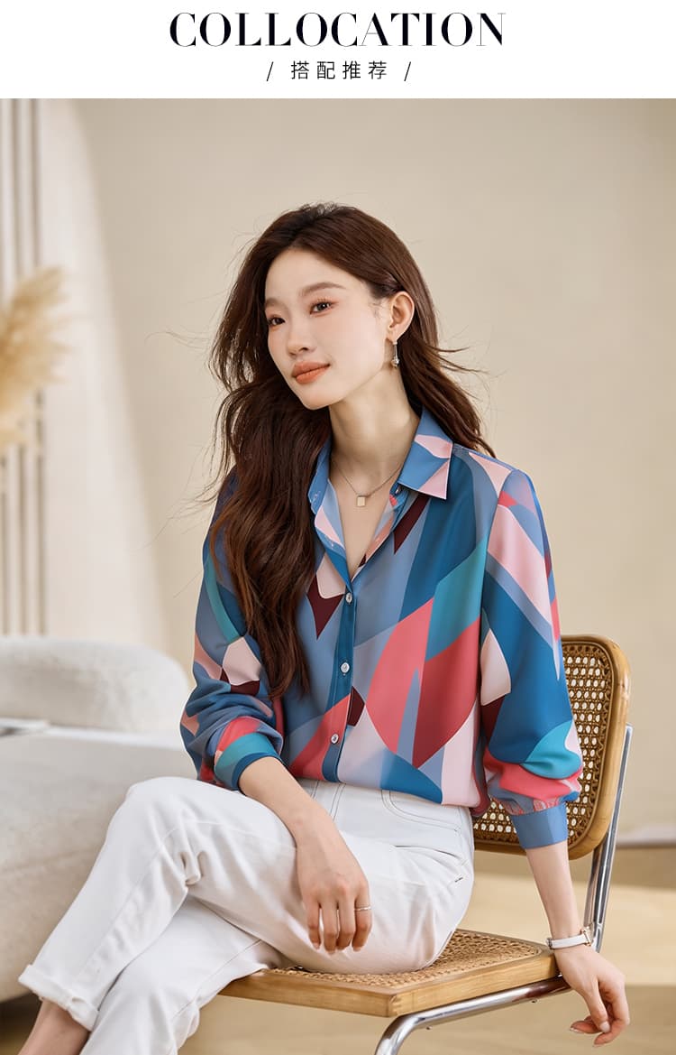 실사 외국 가스 캐주얼 가을 새로운 여성 의류 폴로 칼라 색상 쉬폰 블라우스 맨위 오픈 가디건 셔츠 기본 셔츠 셔츠 상세 이미지 7