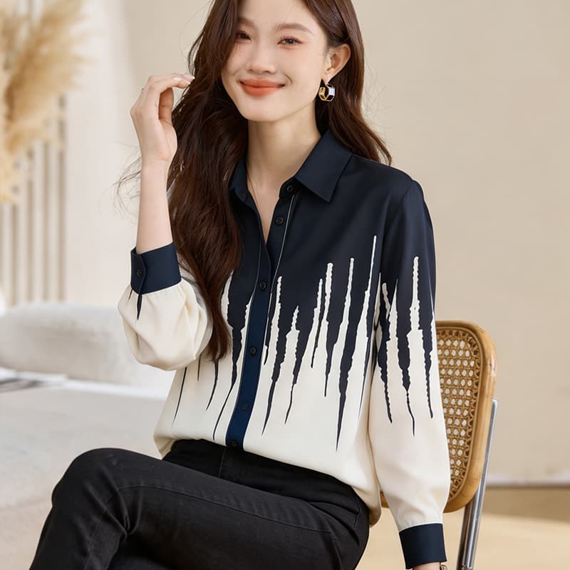실사 외국 가스 캐주얼 봄 새로운 여성 의류 폴로 칼라 배색 쉬폰 블라우스 맨위 오픈 가디건 셔츠 기본 셔츠 셔츠 이미지 5