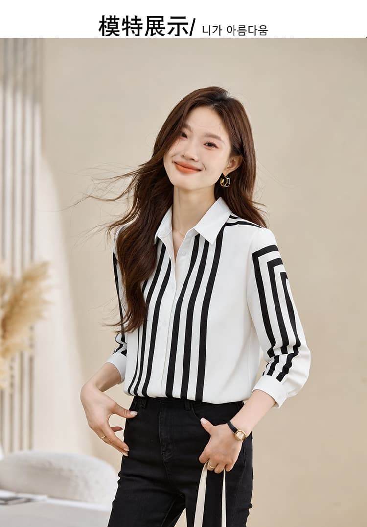 실사 외국 가스 캐주얼 가을 새로운 여성 의류 폴로 칼라 스트라이프 쉬폰 블라우스 맨위 오픈 가디건 셔츠 기본 셔츠 셔츠 상세 이미지 1