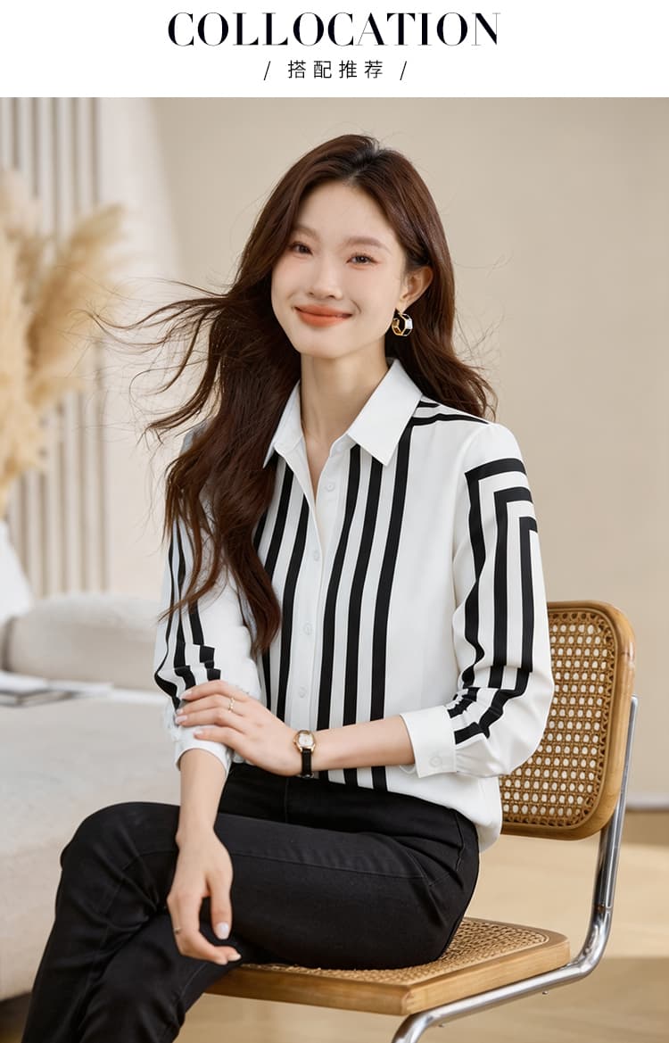 실사 외국 가스 캐주얼 가을 새로운 여성 의류 폴로 칼라 스트라이프 쉬폰 블라우스 맨위 오픈 가디건 셔츠 기본 셔츠 셔츠 상세 이미지 6