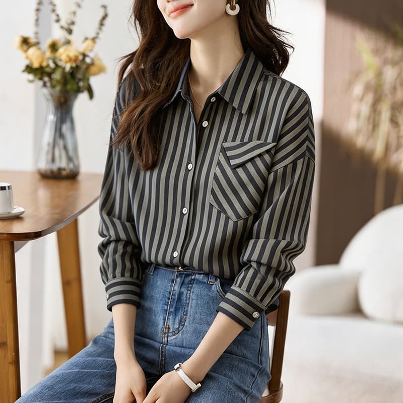 실사 외국 가스 슬림해 보이는 봄 가을 새로운 여성 의류 폴로 칼라 스트라이프 쉬폰 블라우스 맨위 오픈 가디건 셔츠 기본 셔츠 셔츠 이미지 4
