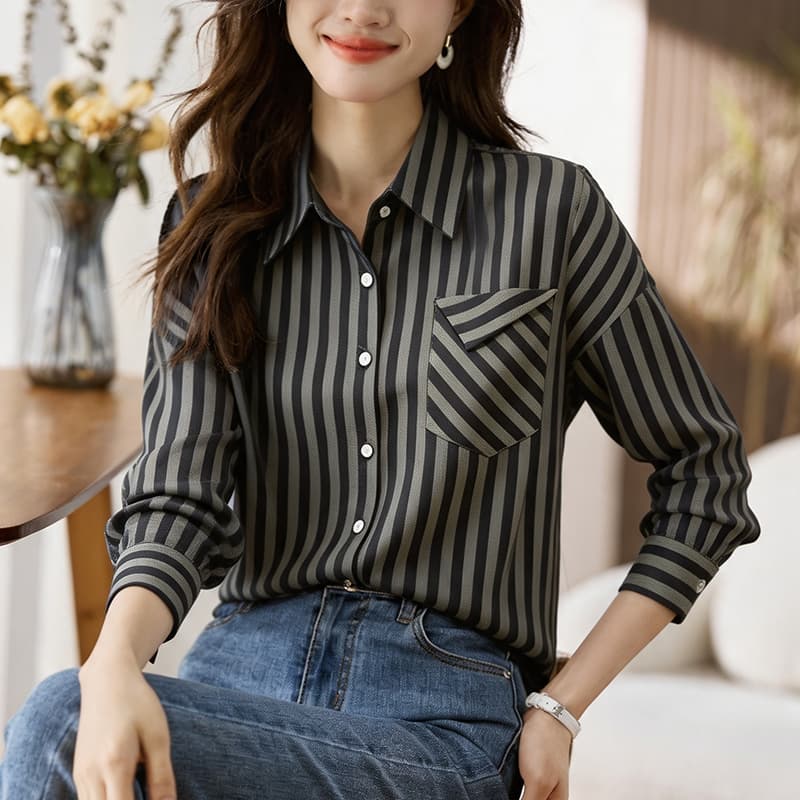 실사 외국 가스 슬림해 보이는 봄 가을 새로운 여성 의류 폴로 칼라 스트라이프 쉬폰 블라우스 맨위 오픈 가디건 셔츠 기본 셔츠 셔츠 이미지 5
