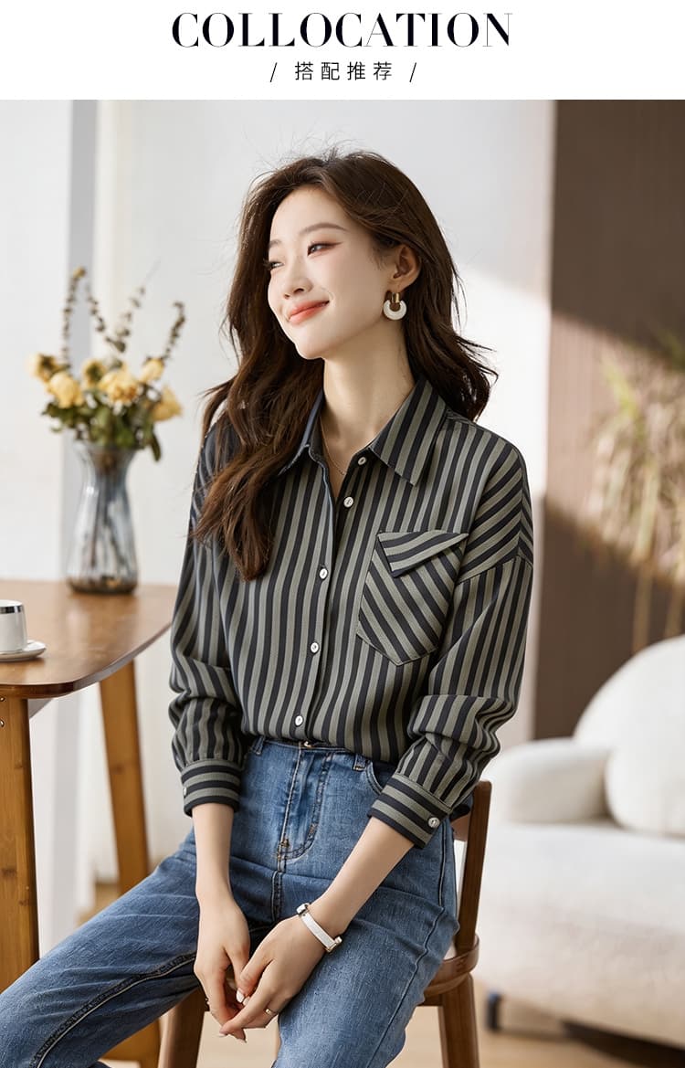 실사 외국 가스 슬림해 보이는 봄 가을 새로운 여성 의류 폴로 칼라 스트라이프 쉬폰 블라우스 맨위 오픈 가디건 셔츠 기본 셔츠 셔츠 상세 이미지 9