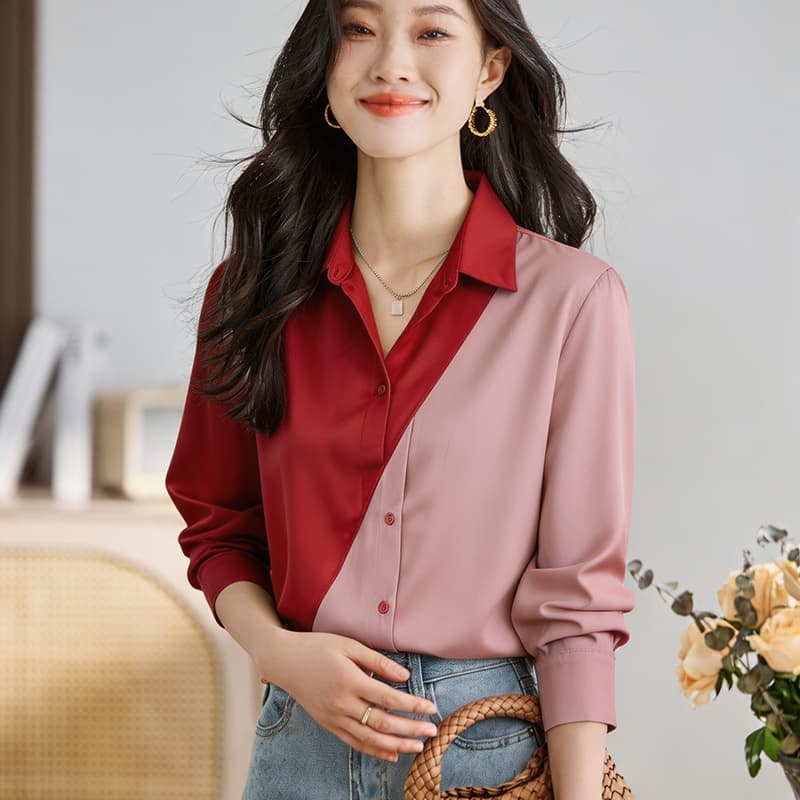 실사 외국 가스 슬림해 보이는 봄 가을 새로운 여성 의류 폴로 칼라 배색 쉬폰 블라우스 맨위 오픈 가디건 셔츠 기본 셔츠 셔츠 이미지 4