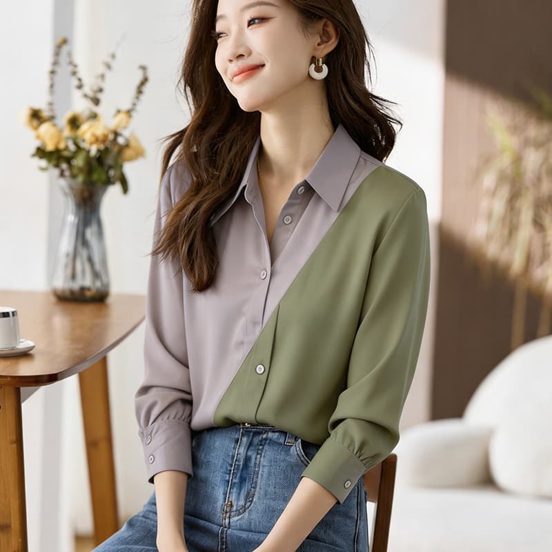 실사 외국 가스 슬림해 보이는 봄 가을 새로운 여성 의류 폴로 칼라 배색 쉬폰 블라우스 맨위 오픈 가디건 셔츠 기본 셔츠 셔츠 이미지 2