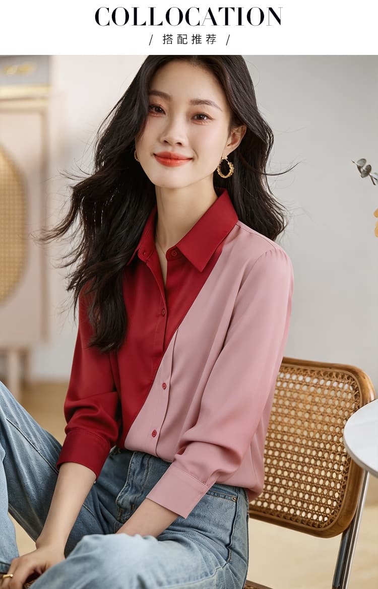 실사 외국 가스 슬림해 보이는 봄 가을 새로운 여성 의류 폴로 칼라 배색 쉬폰 블라우스 맨위 오픈 가디건 셔츠 기본 셔츠 셔츠 상세 이미지 5