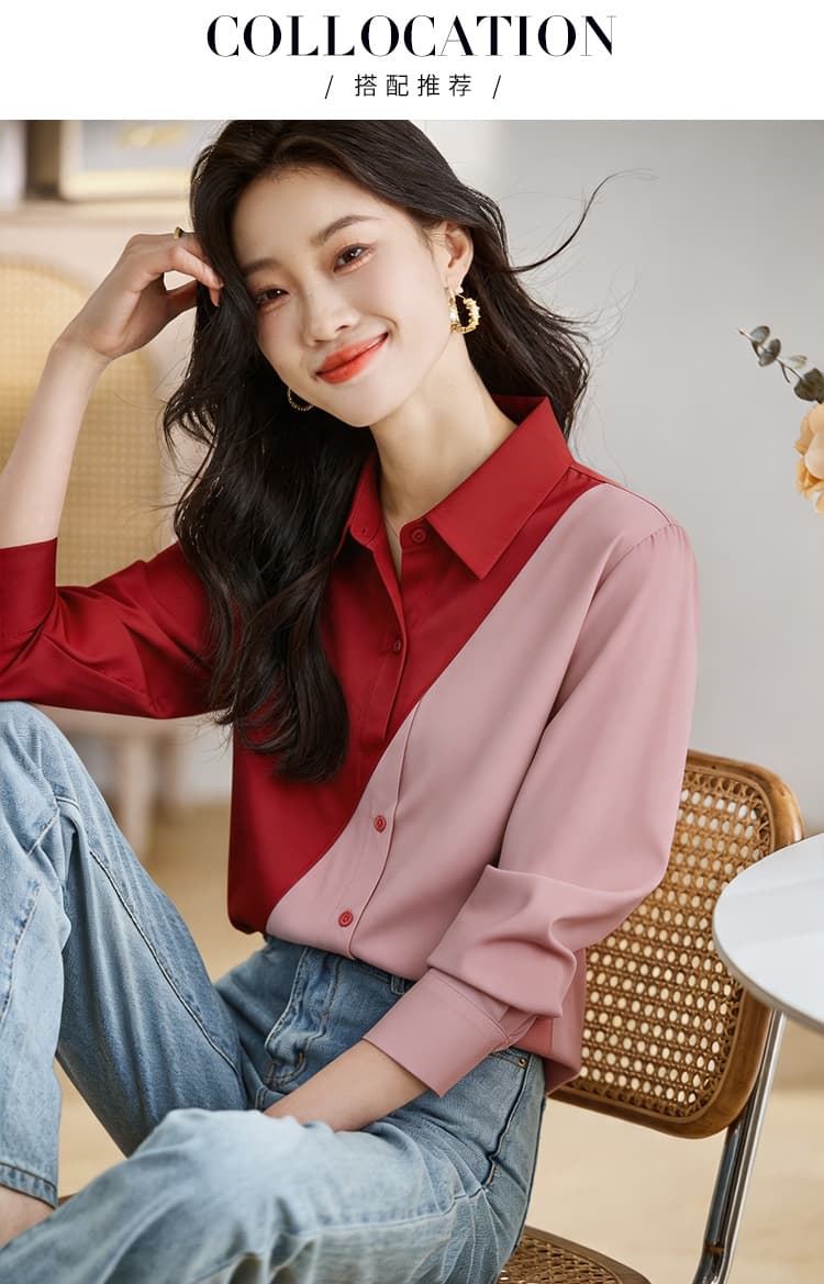 실사 외국 가스 슬림해 보이는 봄 가을 새로운 여성 의류 폴로 칼라 배색 쉬폰 블라우스 맨위 오픈 가디건 셔츠 기본 셔츠 셔츠 상세 이미지 6