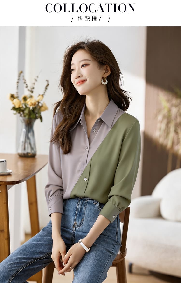 실사 외국 가스 슬림해 보이는 봄 가을 새로운 여성 의류 폴로 칼라 배색 쉬폰 블라우스 맨위 오픈 가디건 셔츠 기본 셔츠 셔츠 상세 이미지 7
