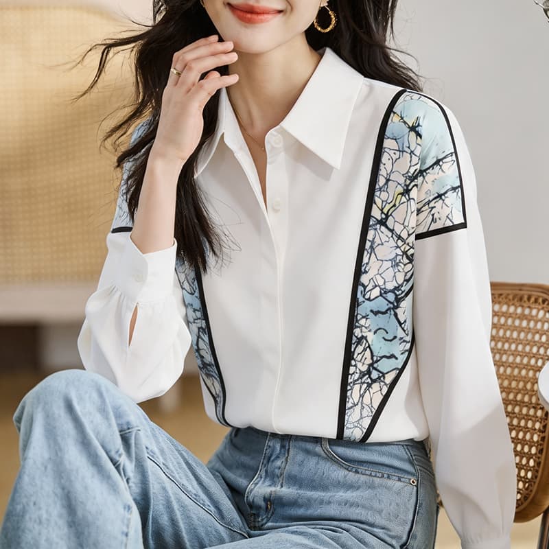 실사 외국 가스 슬림해 보이는 봄 가을 새로운 여성 의류 폴로 칼라 명중 꽃 쉬폰 블라우스 맨위 오픈 가디건 셔츠 기본 셔츠 셔츠 이미지 5