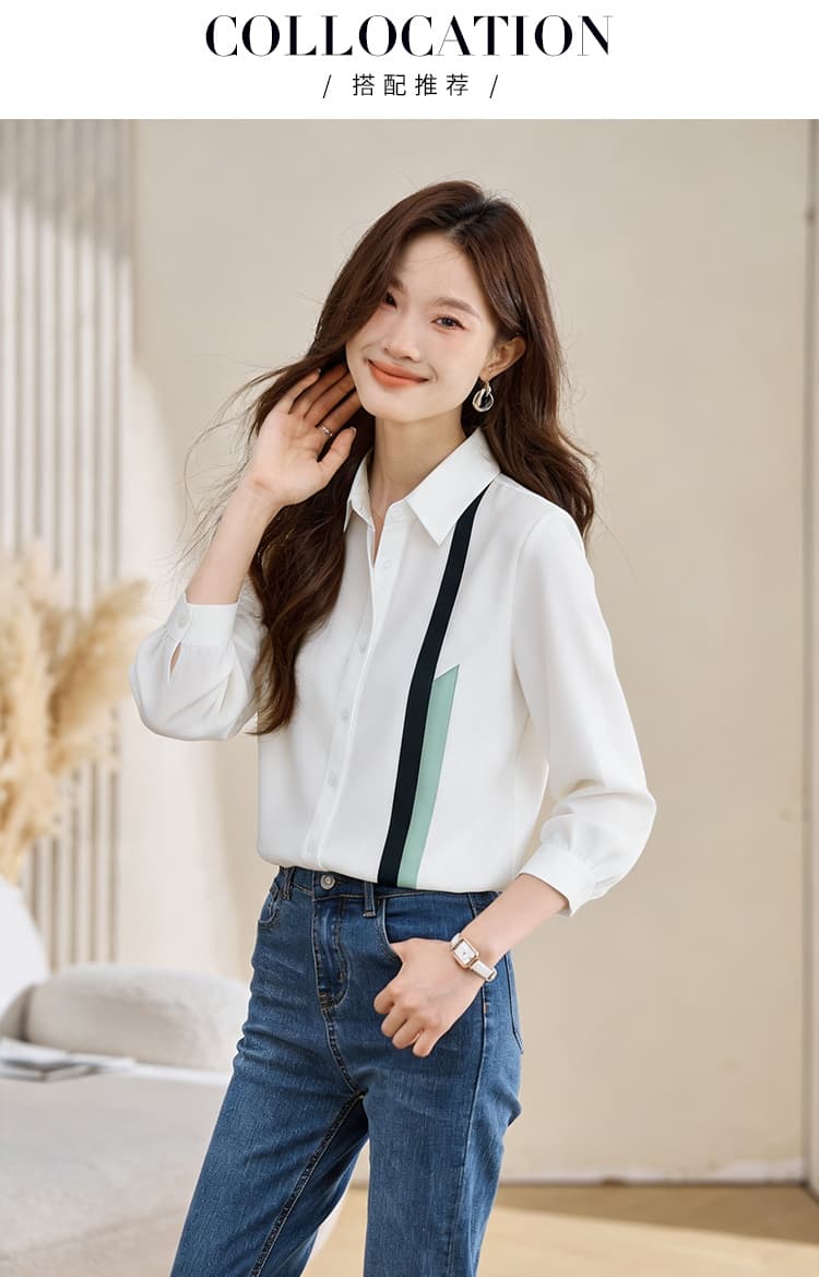 실사 외국 가스 캐주얼 가을 새로운 여성 의류 폴로 칼라 배색 쉬폰 블라우스 맨위 오픈 가디건 셔츠 기본 셔츠 셔츠 상세 이미지 4