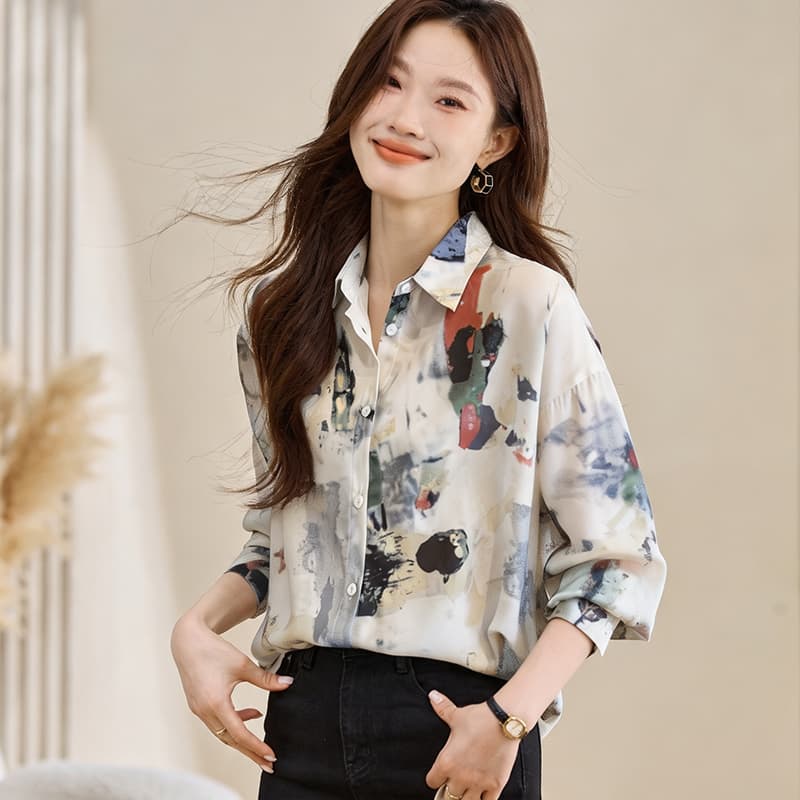 실사 외국 가스 캐주얼 봄 가을 새로운 여성 의류 폴로 칼라 낙서 쉬폰 블라우스 맨위 오픈 가디건 셔츠 기본 셔츠 셔츠 이미지 4