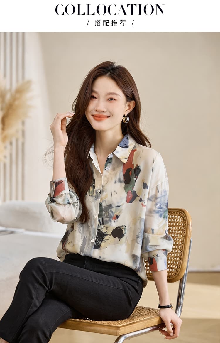 실사 외국 가스 캐주얼 봄 가을 새로운 여성 의류 폴로 칼라 낙서 쉬폰 블라우스 맨위 오픈 가디건 셔츠 기본 셔츠 셔츠 상세 이미지 4