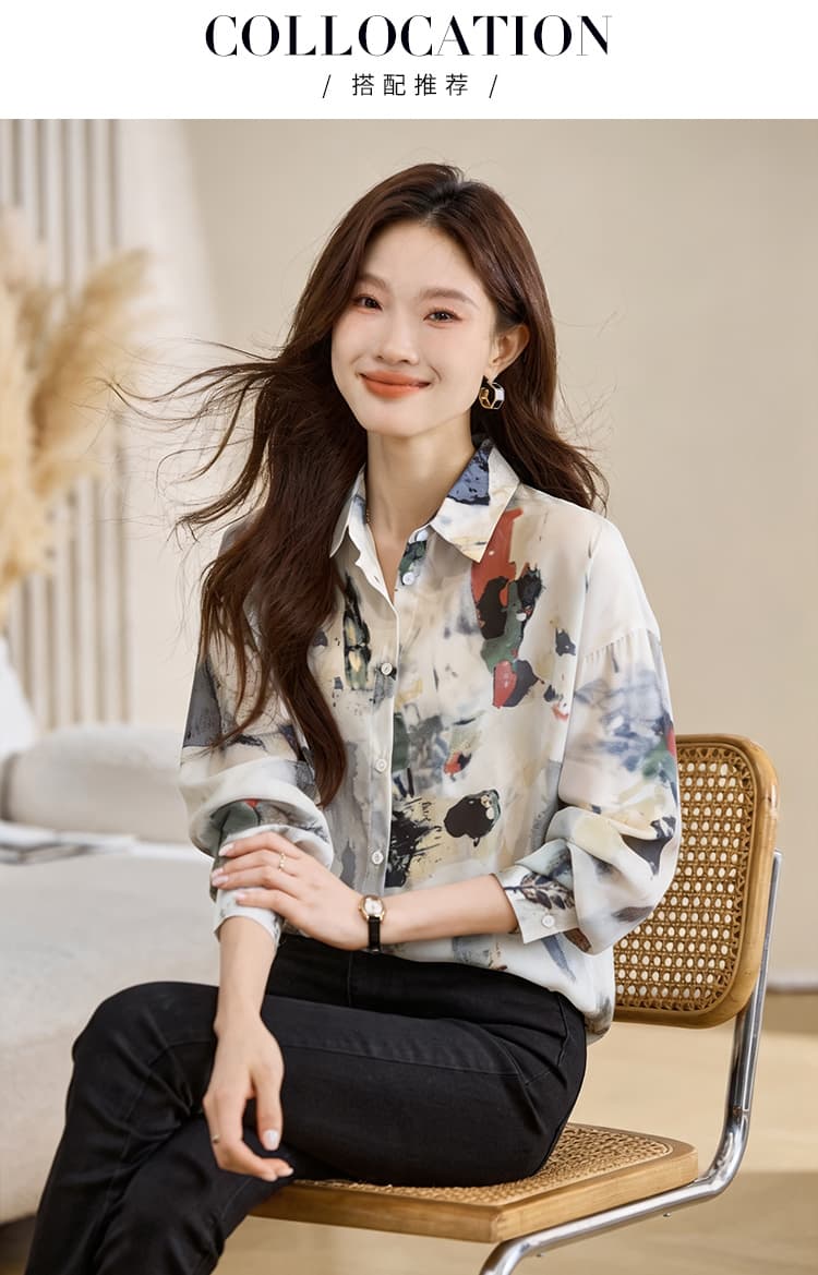 실사 외국 가스 캐주얼 봄 가을 새로운 여성 의류 폴로 칼라 낙서 쉬폰 블라우스 맨위 오픈 가디건 셔츠 기본 셔츠 셔츠 상세 이미지 6