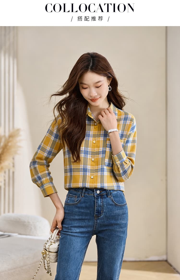 실사 외국 가스 캐주얼 봄 가을 새로운 여성 의류 폴로 칼라 체크무늬 쉬폰 블라우스 맨위 오픈 가디건 셔츠 기본 셔츠 셔츠 상세 이미지 5