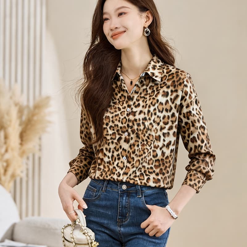 실사 외국 가스 캐주얼 봄 가을 새로운 여성 의류 폴로 칼라 레오파드 무늬 쉬폰 블라우스 맨위 오픈 가디건 셔츠 기본 셔츠 셔츠 이미지 3