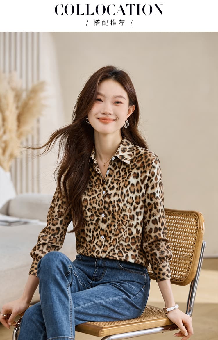 실사 외국 가스 캐주얼 봄 가을 새로운 여성 의류 폴로 칼라 레오파드 무늬 쉬폰 블라우스 맨위 오픈 가디건 셔츠 기본 셔츠 셔츠 상세 이미지 4