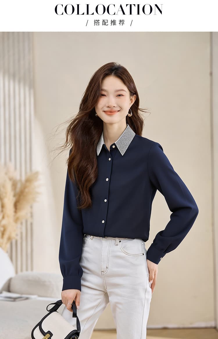 실사 외국 가스 봄 가을 새로운 여성 폴로 칼라 황색 쉬폰 블라우스 맨위 슬림해 보이는 오픈 가디건 셔츠 기본 셔츠 셔츠 상세 이미지 13