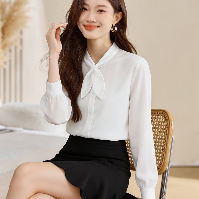 실사 외국 가스 봄 가을 새로운 여성 나비 매듭 화이트 쉬폰 블라우스 맨위 슬림해 보이는 오픈 가디건 셔츠 기본 셔츠 셔츠 이미지 3