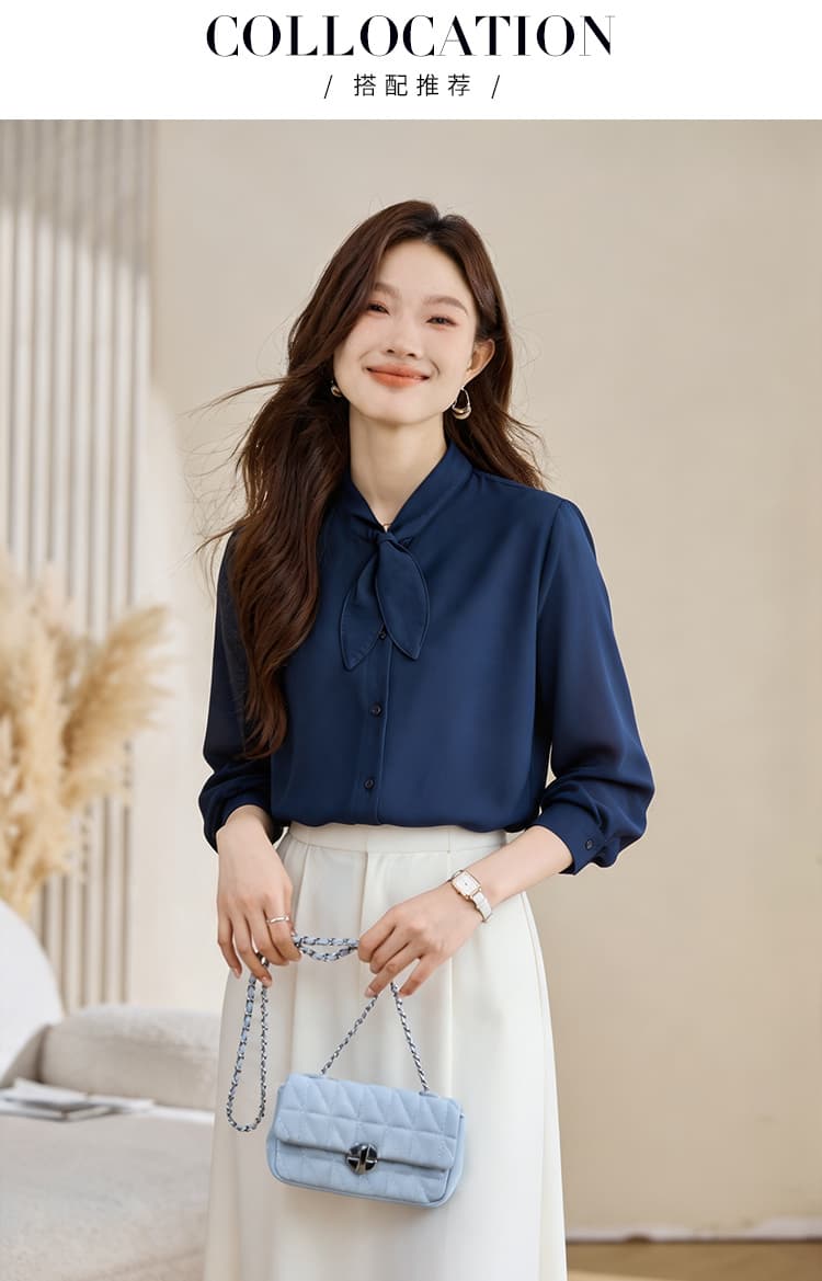 실사 외국 가스 봄 가을 새로운 여성 나비 매듭 화이트 쉬폰 블라우스 맨위 슬림해 보이는 오픈 가디건 셔츠 기본 셔츠 셔츠 상세 이미지 7