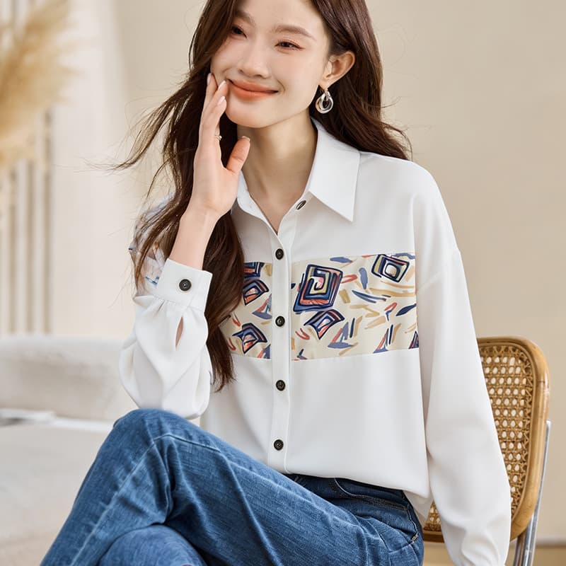 실사 외국 가스 캐주얼 봄 가을 새로운 여성 의류 폴로 칼라 배색 쉬폰 블라우스 맨위 오픈 가디건 셔츠 만나는 셔츠 이미지 2