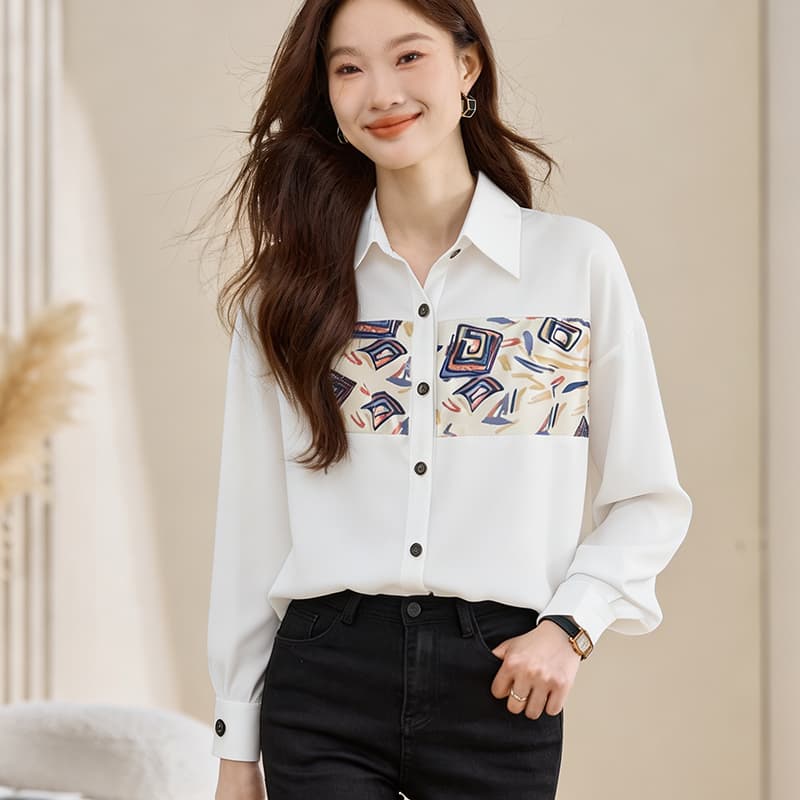 실사 외국 가스 캐주얼 봄 가을 새로운 여성 의류 폴로 칼라 배색 쉬폰 블라우스 맨위 오픈 가디건 셔츠 만나는 셔츠 이미지 3
