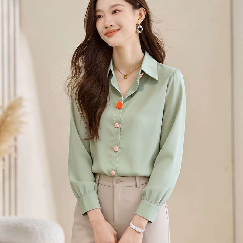 실사 외국 가스 봄 가을 새로운 여성 폴로 칼라 색상 버클 쉬폰 블라우스 맨위 오픈 가디건 여성 셔츠 기본 셔츠 셔츠 이미지 5