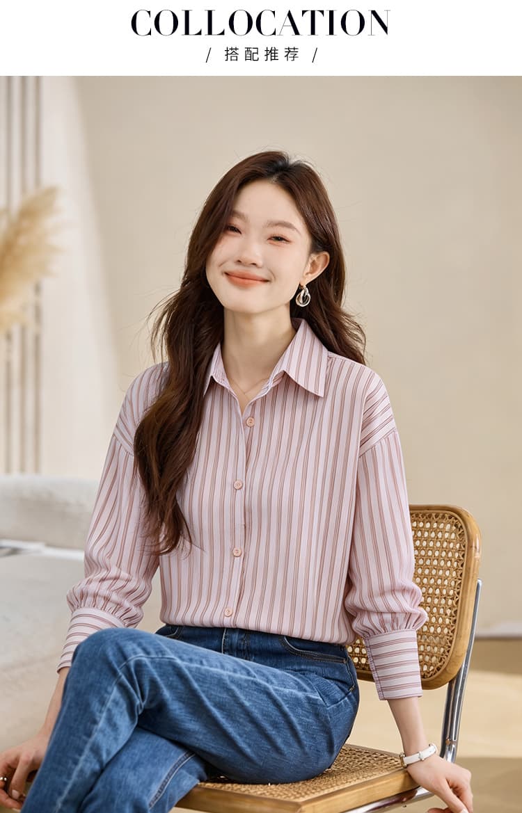 실사 외국 가스 캐주얼 가을 새로운 여성 의류 폴로 칼라 스트라이프 쉬폰 블라우스 맨위 오픈 가디건 셔츠 기본 셔츠 셔츠 상세 이미지 3
