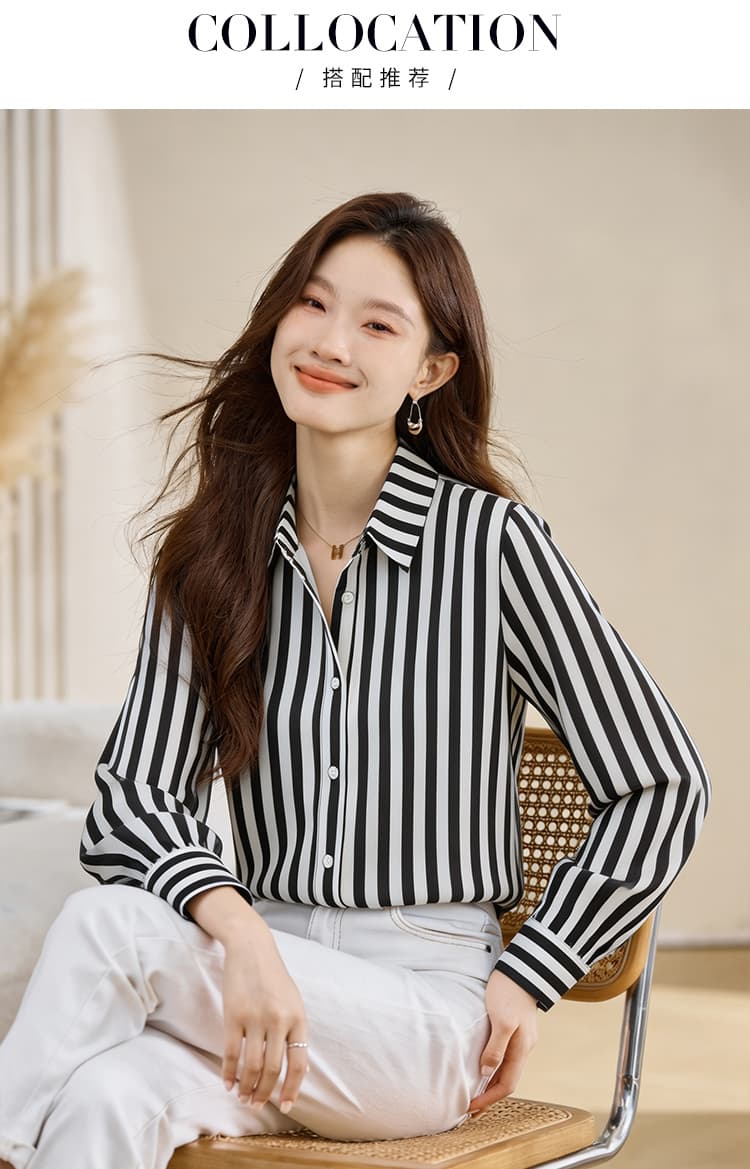 실사 긴팔 쉬폰 블라우스 비즈니스웨어 맨위 가을 의상 여성 의류 품격 셔츠 폴로 칼라 스트라이프 작은 셔츠 기본 셔츠 상세 이미지 6