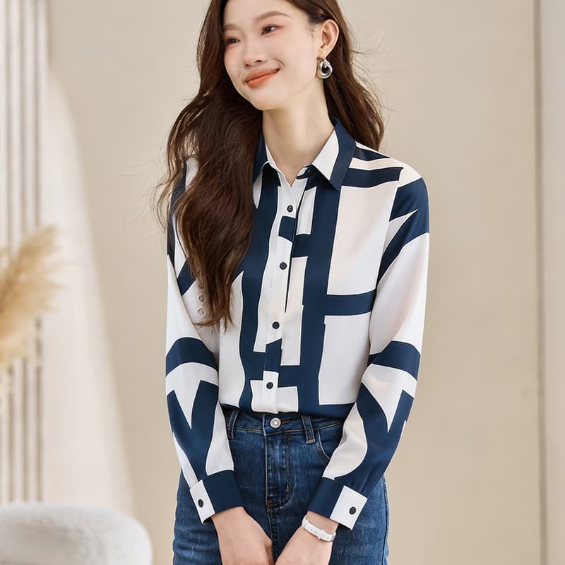 실사 외국 가스 봄 가을 여성 의류 폴로 칼라 꽃무늬 루즈핏 쉬폰 블라우스 맨위 오픈 가디건 여성 셔츠 기본 셔츠 셔츠 이미지 2