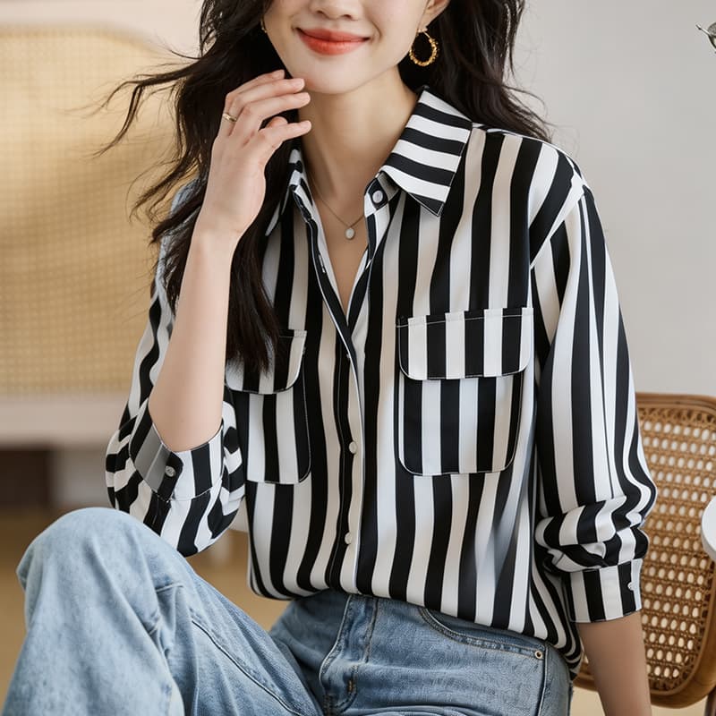 실사 외국 가스 캐주얼 봄 가을 새로운 여성 의류 폴로 칼라 단색 쉬폰 블라우스 맨위 오픈 가디건 셔츠 기본 셔츠 셔츠 이미지 2