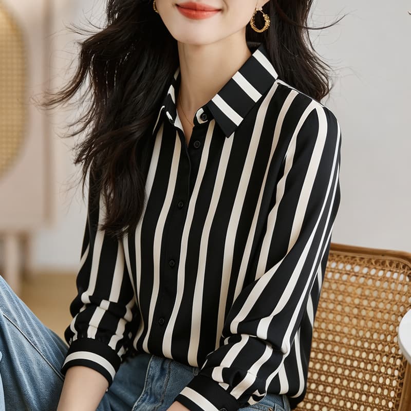 실사 외국 가스 가을 여성 의류 폴로 칼라 캐주얼 루즈핏 쉬폰 블라우스 맨위 오픈 가디건 스트라이프 셔츠 기본 셔츠 셔츠