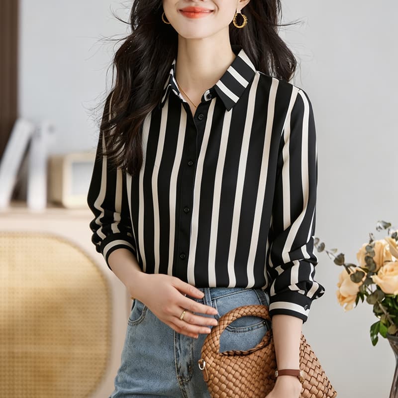 실사 외국 가스 가을 여성 의류 폴로 칼라 캐주얼 루즈핏 쉬폰 블라우스 맨위 오픈 가디건 스트라이프 셔츠 기본 셔츠 셔츠 이미지 4