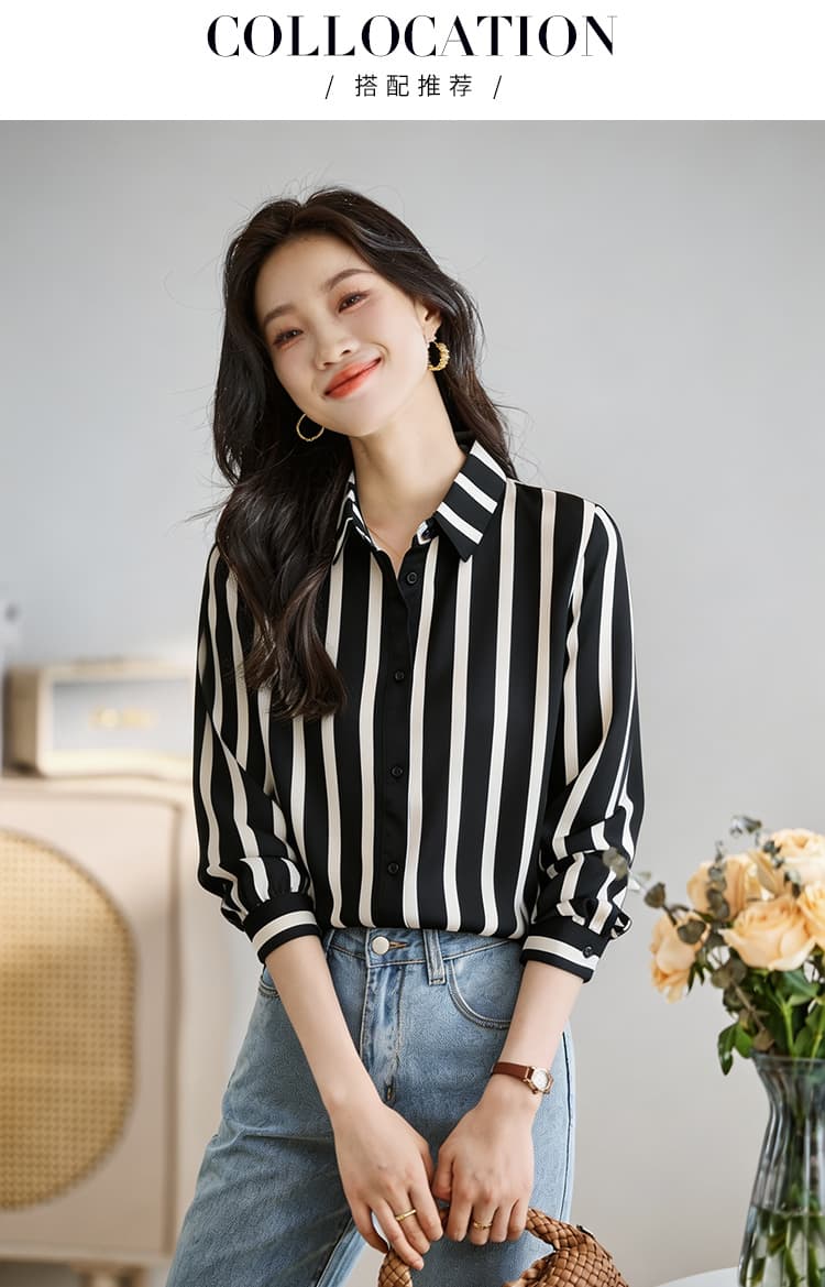 실사 외국 가스 가을 여성 의류 폴로 칼라 캐주얼 루즈핏 쉬폰 블라우스 맨위 오픈 가디건 스트라이프 셔츠 기본 셔츠 셔츠 상세 이미지 6