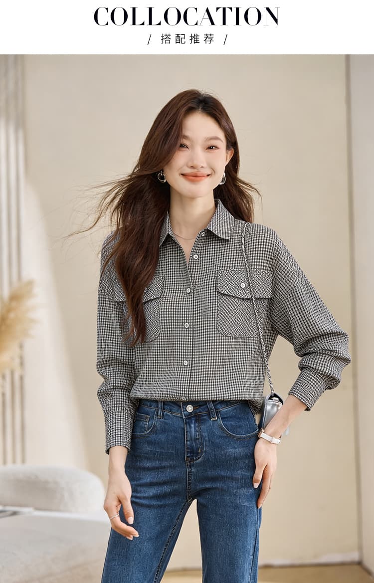 실사 외국 가스 슬림해 보이는 봄 가을 새로운 여성 의류 폴로 칼라 하운드투스 체크 쉬폰 블라우스 맨위 오픈 가디건 셔츠 만나는 셔츠 상세 이미지 3