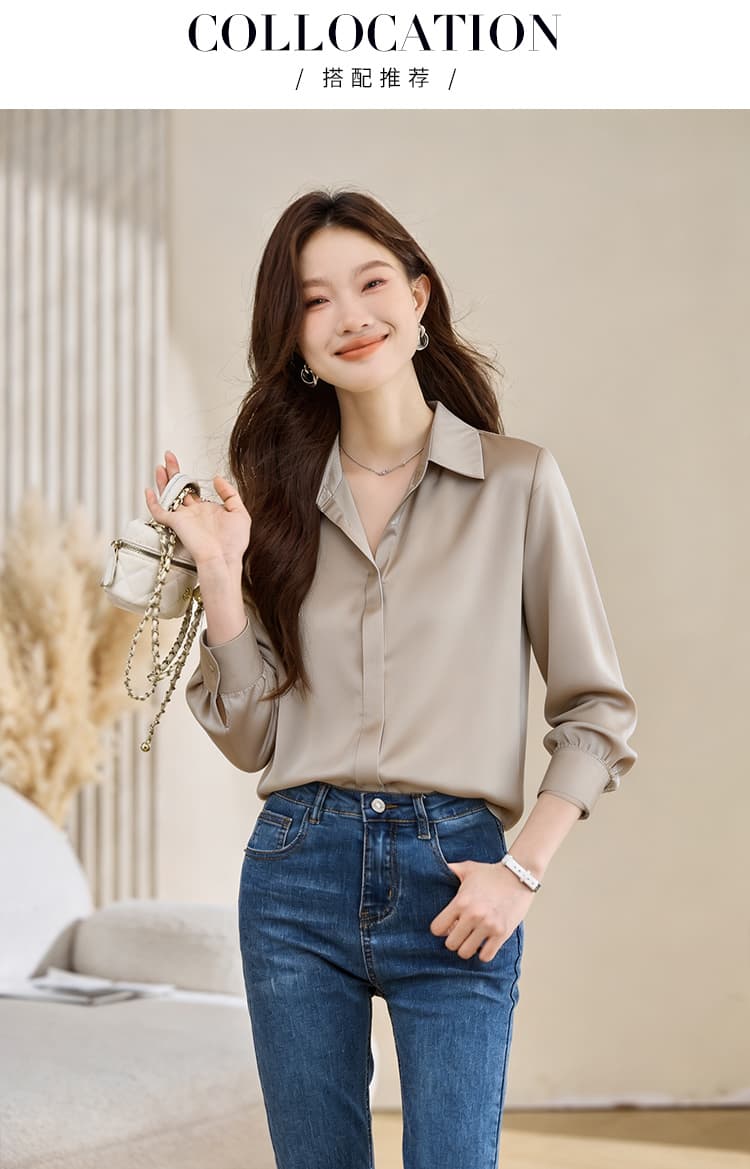 실사 새틴 시뮬레이션 실크 가을 새로운 여성 의류 폴로 칼라 단색 쉬폰 블라우스 맨위 오픈 가디건 셔츠 만나는 셔츠 상세 이미지 7