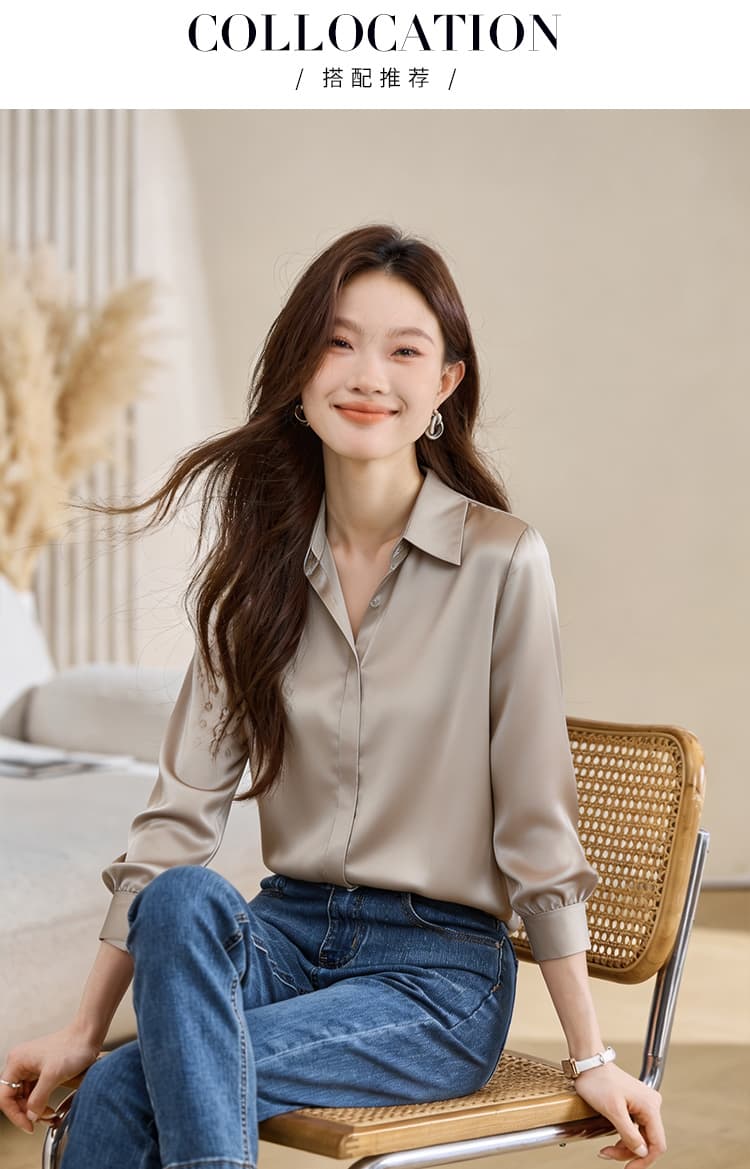 실사 새틴 시뮬레이션 실크 가을 새로운 여성 의류 폴로 칼라 단색 쉬폰 블라우스 맨위 오픈 가디건 셔츠 만나는 셔츠 상세 이미지 9
