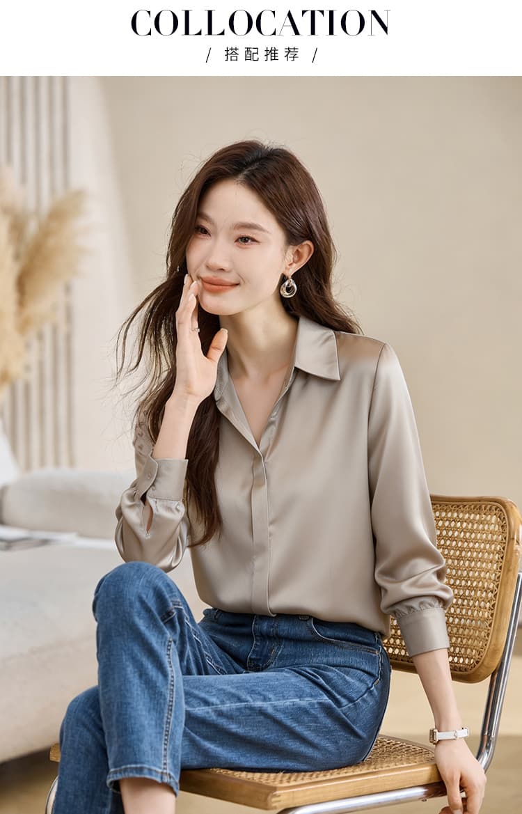 실사 새틴 시뮬레이션 실크 가을 새로운 여성 의류 폴로 칼라 단색 쉬폰 블라우스 맨위 오픈 가디건 셔츠 만나는 셔츠 상세 이미지 10