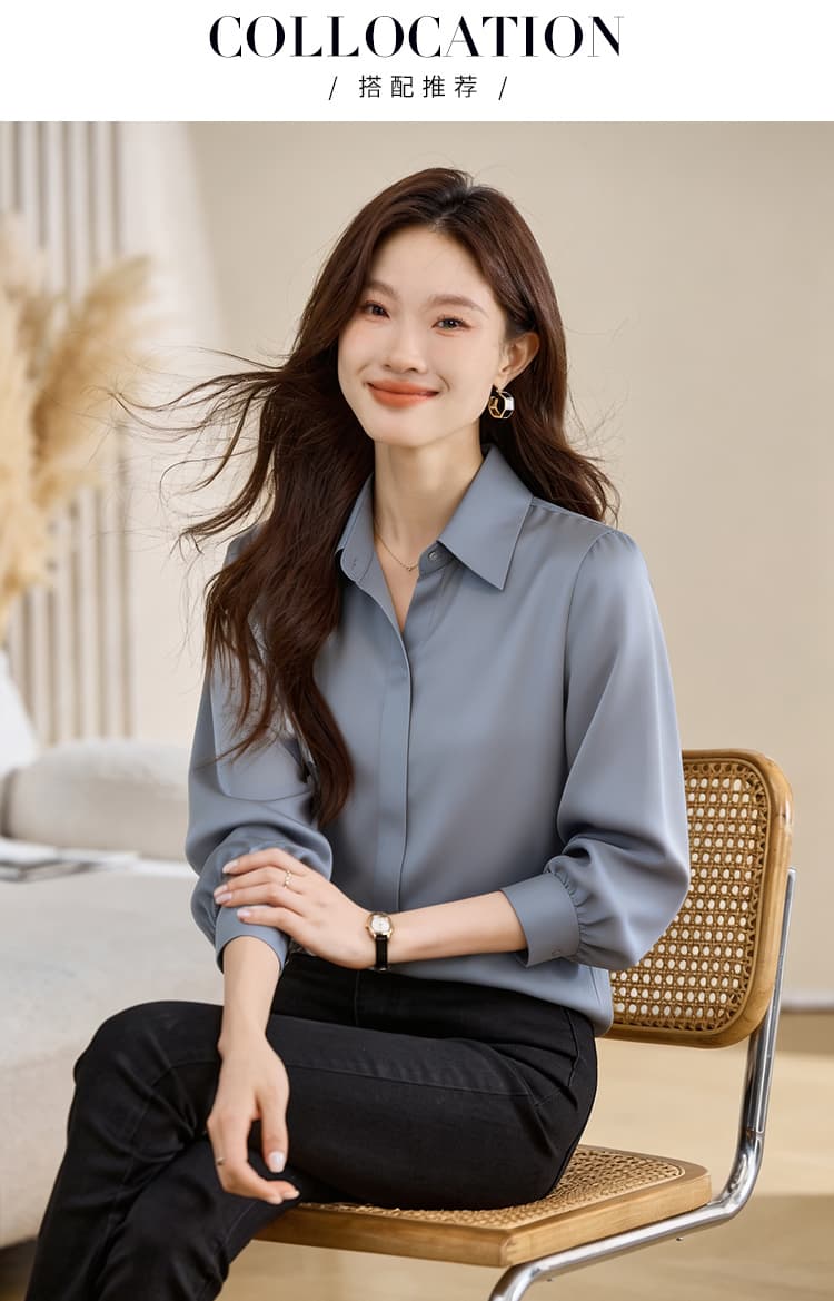 실사 새틴 시뮬레이션 실크 가을 새로운 여성 의류 폴로 칼라 단색 쉬폰 블라우스 맨위 오픈 가디건 셔츠 만나는 셔츠 상세 이미지 15